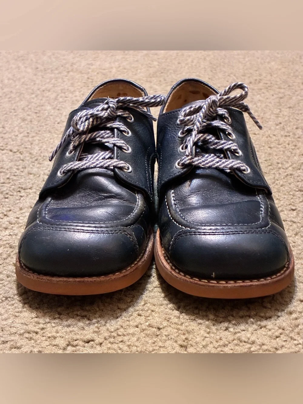 Vintage 60/70s Kids Navy Blue Leather Casual Lace-Up Scuff Tip Shoes Youth 12EE